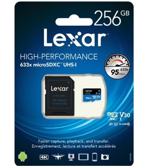 256 GB Lexar 633x microSDXC™ UHS-I, SD adaptörlü, 100 MB-snye kadar okuma, 45 MB-snye kadar yazma,