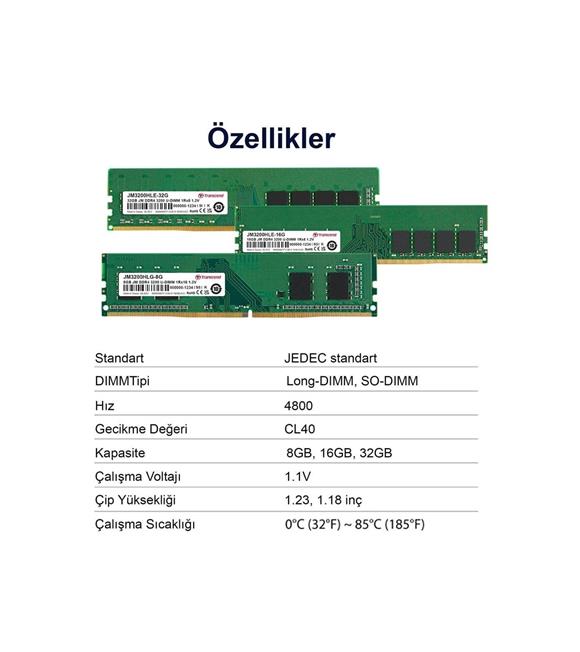 Transcend JM4800ALE-32G 32GB DDR5 4800Mhz CL40 1.1V Masaüstü Pc Ram