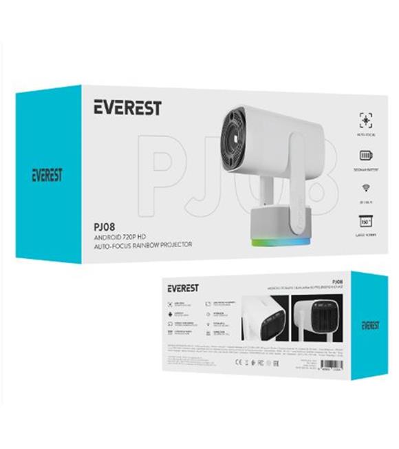 Everest PJ08 Beyaz 5200mAh Otomatik 720P HD 4K Destekli 5200 Lümen Android 11 Ekran HD Proje