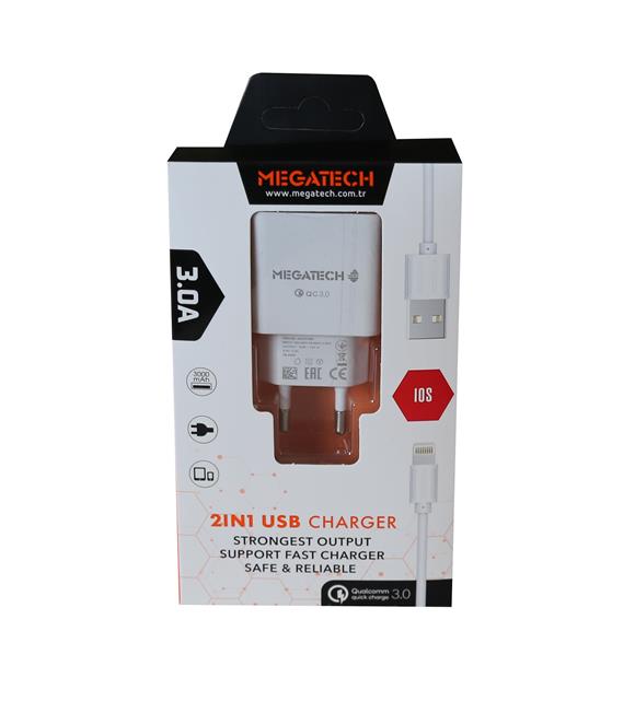 Megatech 3.0A Ev 2IN1 Ev Şarj Kafa +Iphone Şarj Kablo Hızlı Şarj Cep Telefonu Aksesuarları