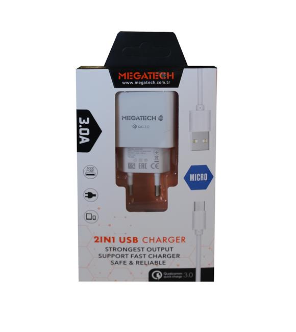 Megatech CC01 (CC22-M3 ) 2in1 5v-3.0 Ev Şarj+ Micro Kablo Hızlı Şarj Cep Telefonu Aksesuarları