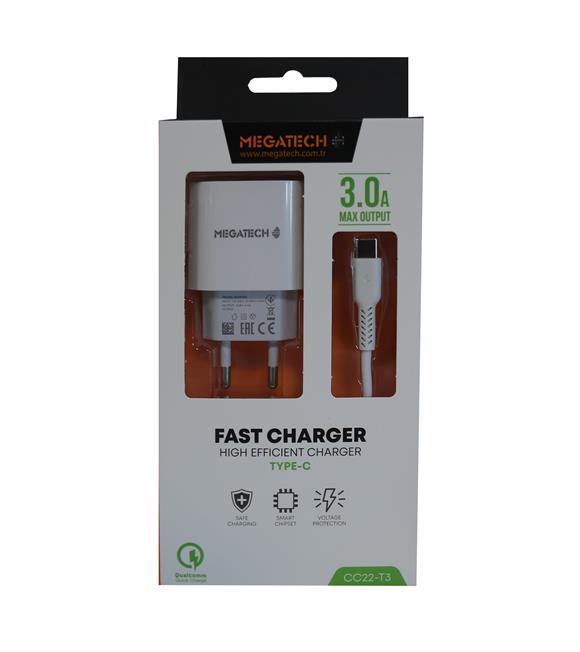 Megatech CC03(CC22-T3) 5v-3.0A Ev Şarj+Type-c Kablo Hızlı Şarj