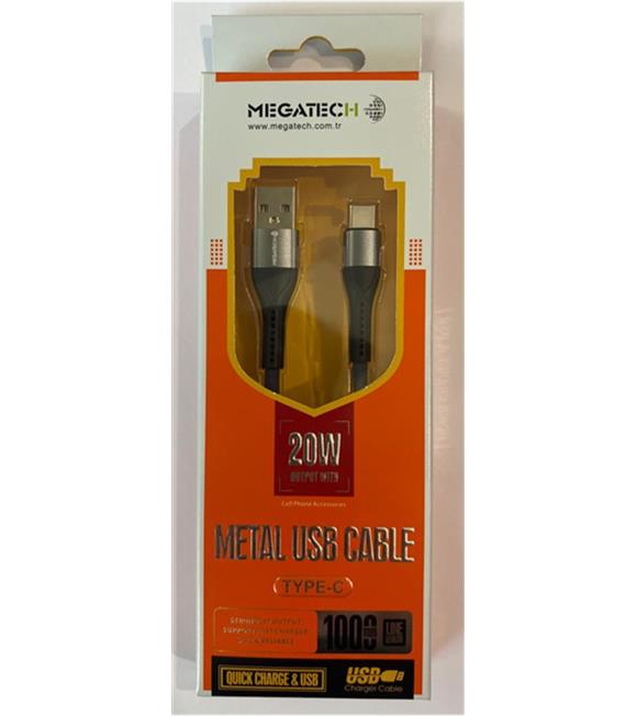 Megatech 3.1A 20w 1mt Örgülü Hasır A Serisi Usb To Typ-c Data Kablosu Gri-Siyah Cep Telefonu Aksesuarları