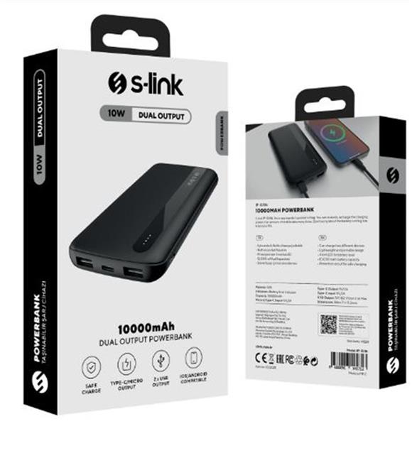 S-link IP-G11N 10000mAh Micro+Usb+ Type-C Giriş+Çıkış Siyah Taşınabilir Pil Şarj Cihazı Powerbank