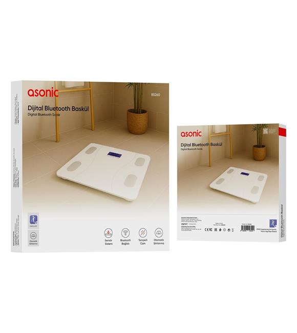Asonic BS260 Beyaz 2-AAA Pil Dijital Bluetooth Baskül (Sensör-Temperli Cam-Otomatik Sıfırlama)