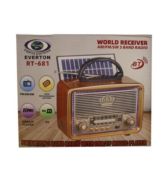 Everton RT-681  Solarlı,Ledli, Şarjlı Nostaljik Radyo (FM-AM-SW-USB-TF)