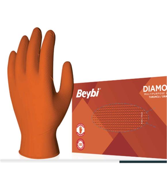 Beybi Diamond Pudrasız Xl Beden Kalın Turuncu Nitril Eldiven Ekstra Büyük 100 Adet