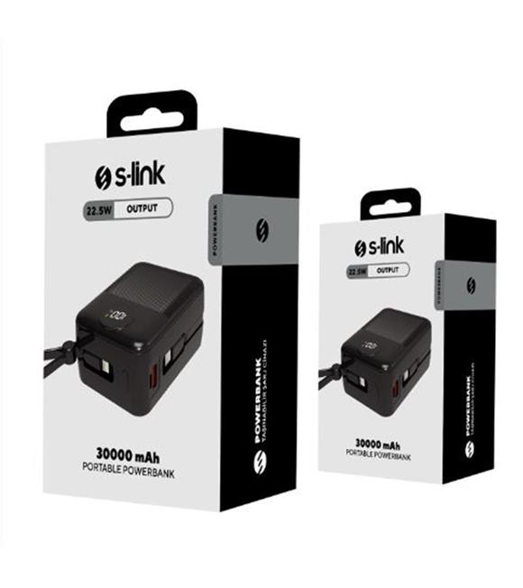 S-link MP130 30000mAh PD22.5W Type-C+Lightning Kablolu Siyah Pil Şarj Cihazı Powerbank