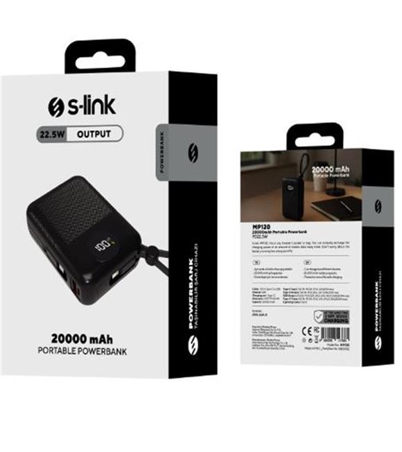 S-link MP120 20000mAh PD22.5W Type-C+Lightning Kablolu Siyah  Pil Şarj Cihazı Powerbank