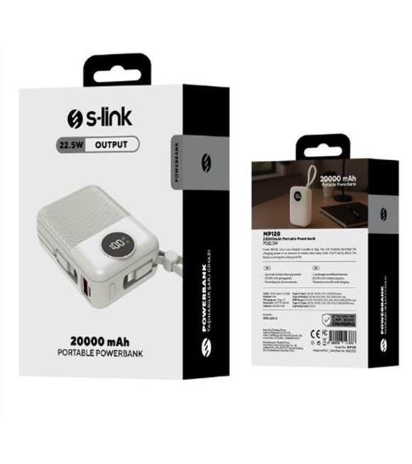S-link MP120 20000mAh PD22.5W Type-C+Lightning Kablolu Beyaz Pil Şarj Cihazı Powerbank Taşınabilir Şarj Cihazları