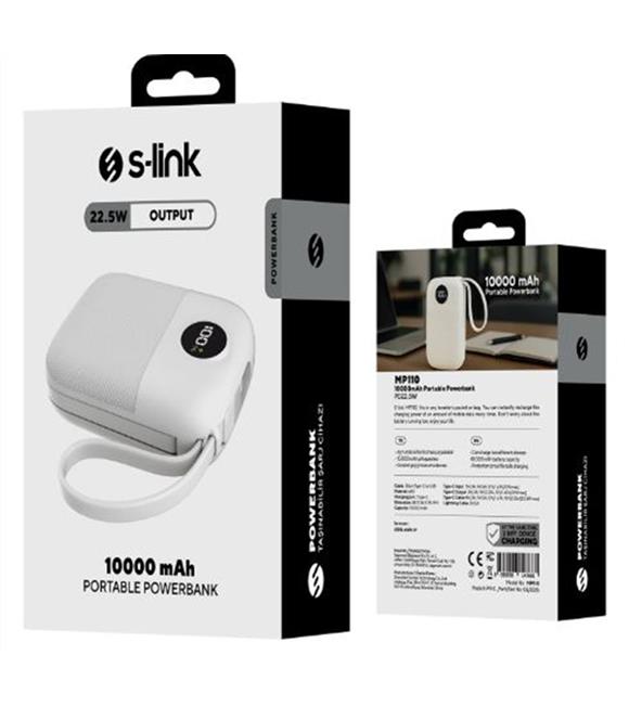 S-link MP110 10000mAh PD22.5W Type-C+Lightning Kablolu Beyaz  Pil Şarj Cihazı Powerbank