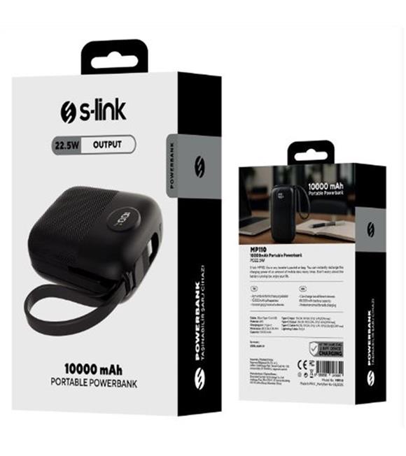 S-link MP110 10000mAh PD22.5W Type-C+Lightning Kablolu Siyah  Pil Şarj Cihazı Powerbank