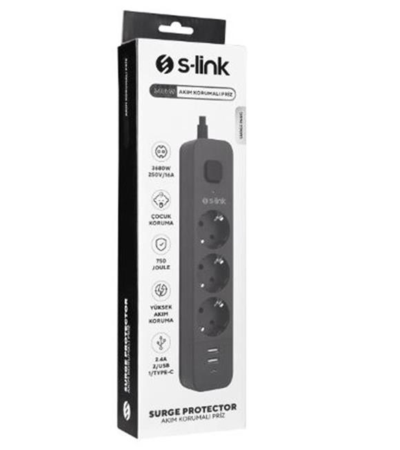 S-link SPG03U  5V2.4A 1.5m 3x1.00mm 100 yüzde  Bakır 750 Joule 3 lü Anahtarlı Akım Korumalı Siyah Priz