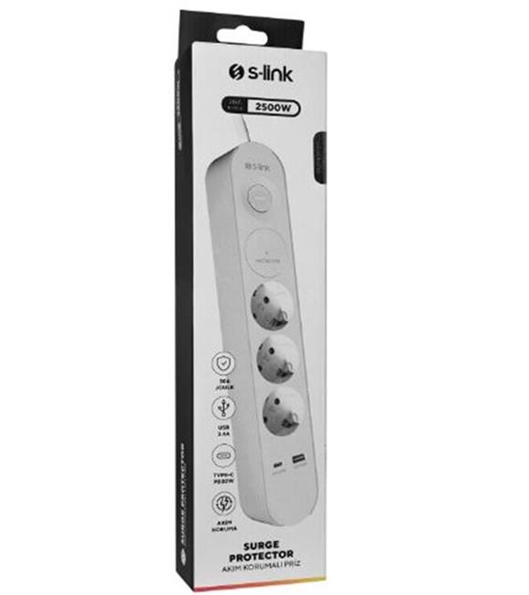 S-link SPG3-PD20  PD20W H05VV-F 3G1.0mm, 1.5m 3 lü 306 J Akım Korumalı Beyaz + Gri Priz