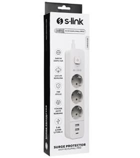 S-link SPG03TC 5V2.4A 1.5m 3x1.00mm 100 yüzde  Bakır 750 Joule 3 lü Anahtarlı Akım Korumalı Beyaz Priz