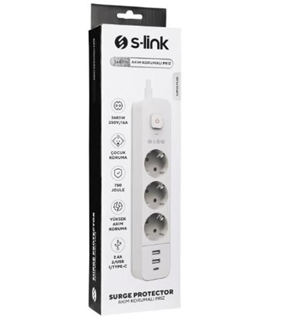 S-link SPG03TC 5V2.4A 1.5m 3x1.00mm 100 yüzde  Bakır 750 Joule 3 lü Anahtarlı Akım Korumalı Beyaz Priz