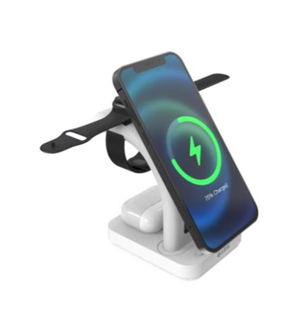 S-link SW-CWF130 Beyaz Telefon Kulaklık Akıllı Saat 15W 3 in 1 Magsafe Led Logo Kablosuz Şarj Cihaz