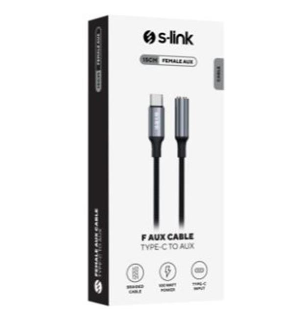 S-link Armor FC-01 15cm Type-C to F AUX Örgülü Metal Başlıklı Siyah Ses Kablosu