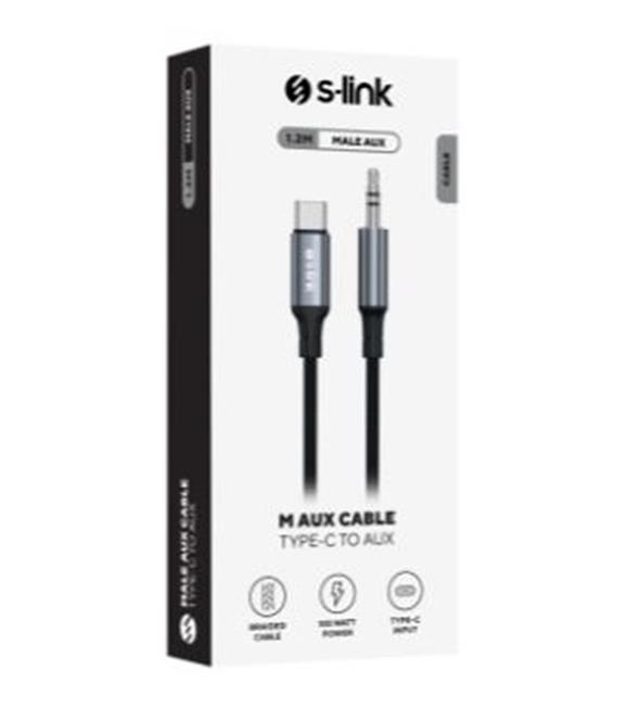 S-link Armor MC-01 1.2m Type-C to M AUX Örgülü Metal Başlıklı Siyah Ses Kablosu