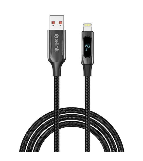 S-link Armor LED UL-012 12W 1m USB to Lightning PD Örgülü LED Başlıklı Siyah Hızlı Şarj Kablosu