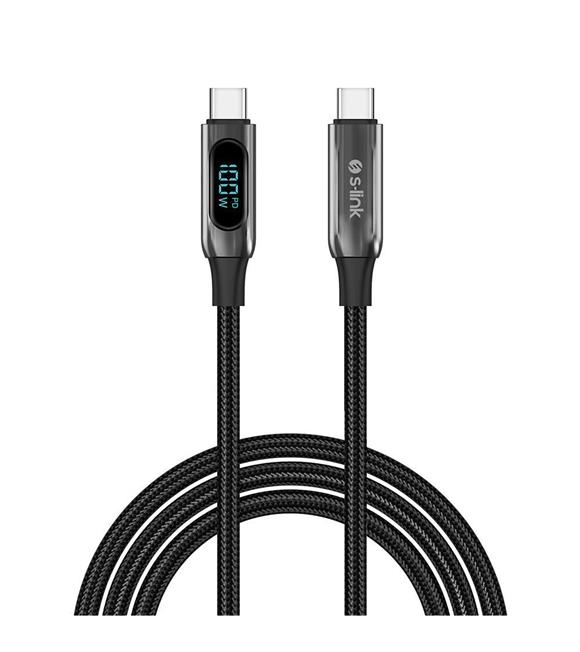S-link Armor LED LCC-0100 100W 1m Type-C to Type-C PD Örgülü LED Başlıklı Siyah Hızlı Şarj Kablosu