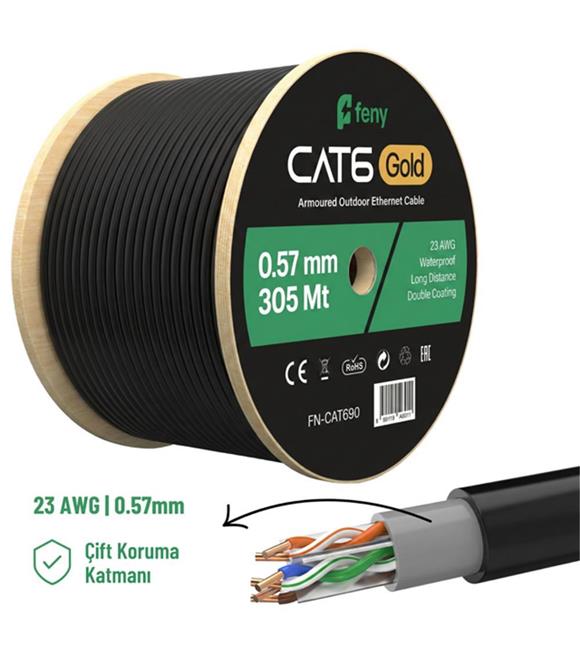 Feny FN-CAT690 305Mt 23AWG 0,57MM Çift Ceket Gold Dış Mekan Cat6 UTP Kablo Ağ Kablosu ve Konnectörler