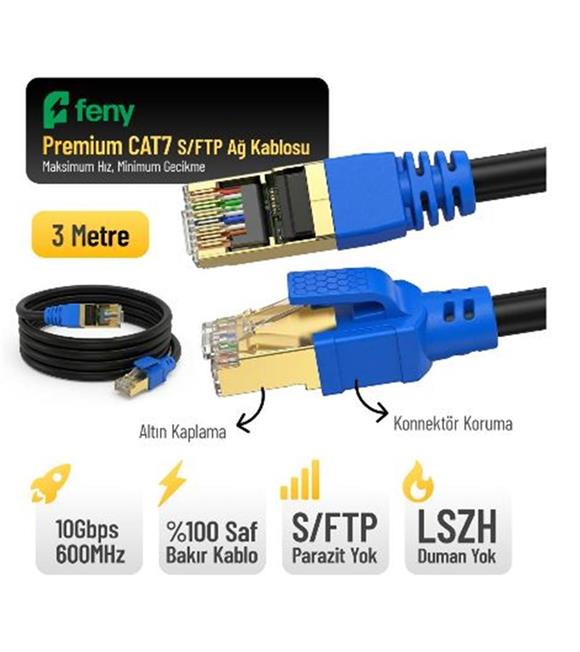 Feny FN-CAT7LS03 10GBPS İnternet 60MHZ 3 Metre CAT7 Gold Patch Kablo (Yanmaz- yüzde 100 Saf Bakır)