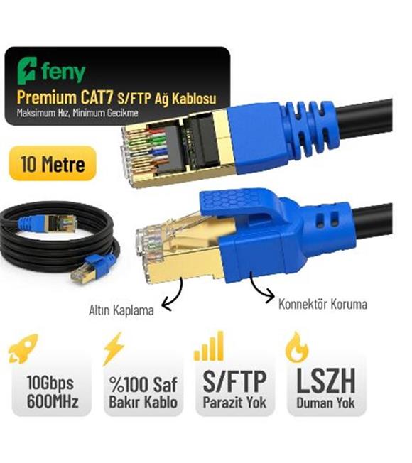 Feny FN-CAT7LS10 10GBPS İnternet 60MHZ 10 Metre CAT7 Gold Patch Kablo (Yanmaz- yüzde 100 Saf Bakır)