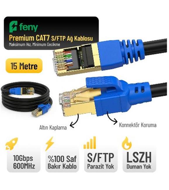 Feny FN-CAT7LS15 10GBPS İnternet 60MHZ 15 Metre CAT7 Gold Patch Kablo (Yanmaz- yüzde 100 Saf Bakır)