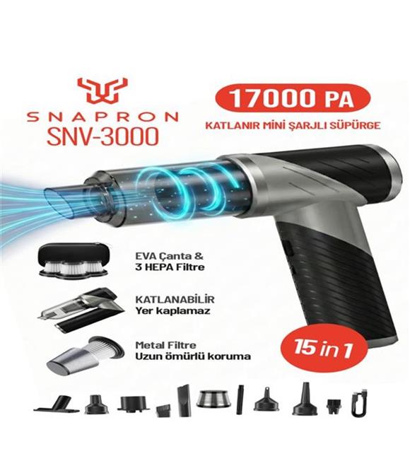 Snapron SNV-3000 17000PA 2000Mah 15in1 Güçlü Vakum Ve Üflemeli Şarjlı Katlanabilir Araç Süpürgesi