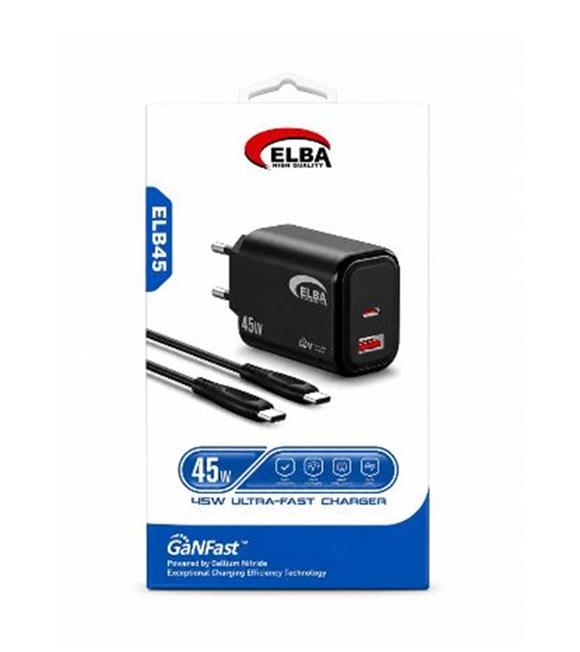 Elba ELB45 45W Siyah Ev Şarj Kafa+ Type- C To Type-C Kablo ( GANFAST Teknoloji Şarj Aleti ) Adaptörler