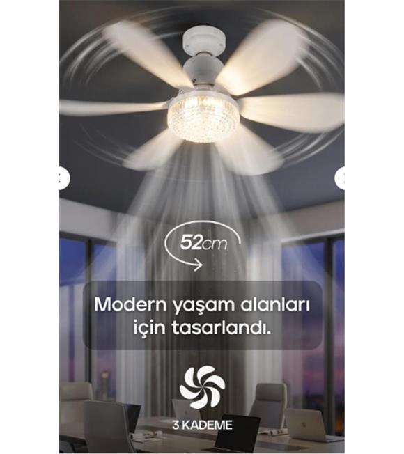 Feny Fn-F82 Zefira 3 Kademe Ultra Sessiz Uyku Mod 3000k-6500K Kristal Led Tavan Vantilatörü Kumanda Vantilatörler