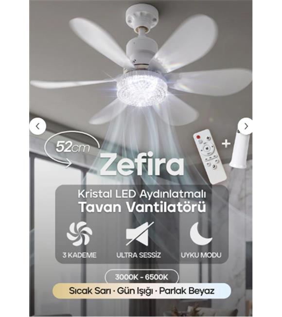 Feny Fn-F82 Zefira 3 Kademe Ultra Sessiz Uyku Mod 3000k-6500K Kristal Led Tavan Vantilatörü Kumanda Vantilatörler