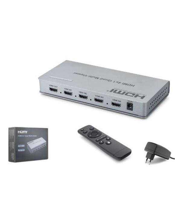 HADRON HDX1436 HDMI Quad Multi Viewer Kumandalı 4 Giriş 1 Çıkış Gri HDMI Switch ve Çoklayıcı