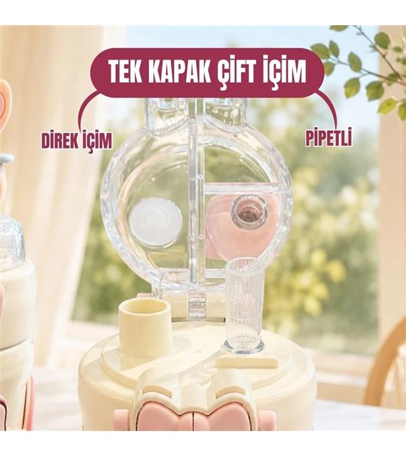 Vagonlife Diller D9363 490ml Çift Kullanım Pipetli Askılı Pembe Çelik Termos