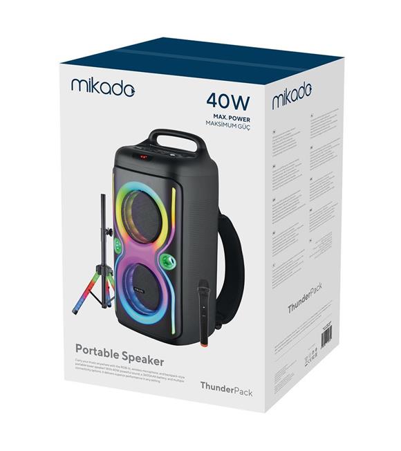 Mikado MD-66BT ThunderBag 40W 3600mAh Çanta Taşıma Özellikli USB-BT-TF-TWS Işıklı Kablosuz Mikrofon Bluetooth Hoparlör