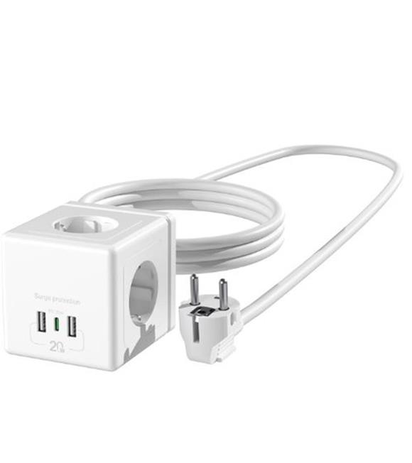 S-link PRZ04 4 Soketli 2 USB 1 Type-C PD20 2M 306 Joule Tam Bakır Küp Beyaz Akım Korumalı Priz Akım Korumalı Prizler