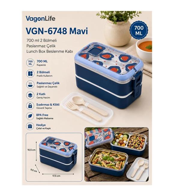 Lenovo Vagonlife VGN6748 700ml 2 Katlı Mavi Çelik Beslenme Kutusu Beslenme Çantaları