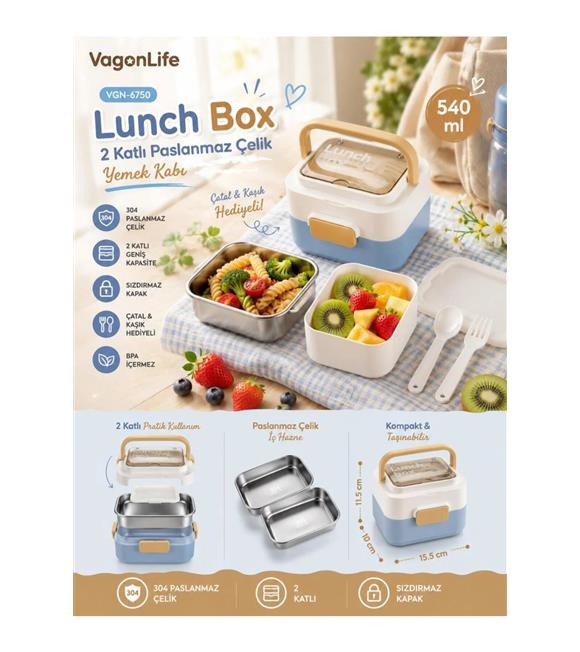 Vagonlife VGN6750 540ml 2 Katlı Mavi Çelik Beslenme Kutusu Beslenme Çantaları