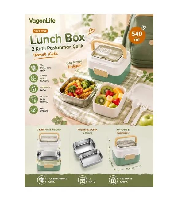 Vagonlife VGN6750 540ml 2 Katlı Yeşil Çelik Beslenme Kutusu Beslenme Çantaları