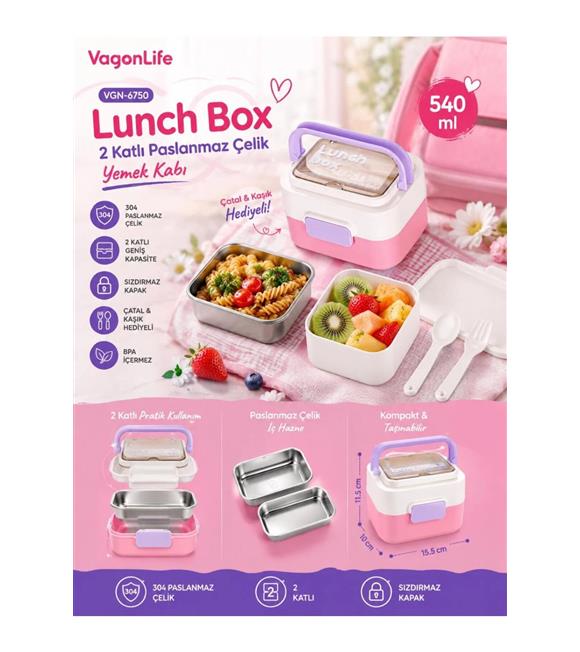 Vagonlife VGN6750 540ml 2 Katlı Pembe Çelik Beslenme Kutusu Beslenme Çantaları