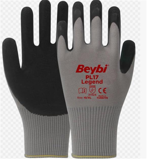 Beybi BEYBİ PL-17 10 Beden Gri-Siyah 12li Paket Legend Polyester Örme Lateks Eldiven Eldivenler