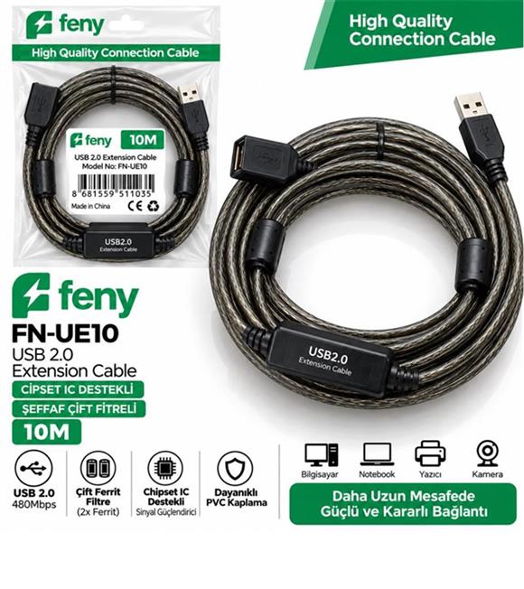Feny FN-UE10 10mt Usb Uzatma Kablo 2.0 Extension Cipsed Destekli Çift Filtreli USB Aksesuarları