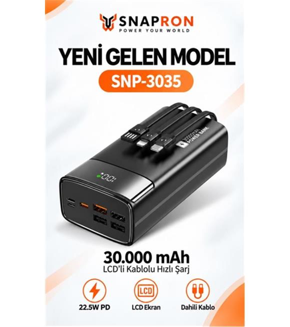 Snapron SNP-3035 30.000 Mah LCD Ekran Dahili Kablolu 22.5w Hızlı Şarj Powerbank Taşınabilir Şarj Cihazları