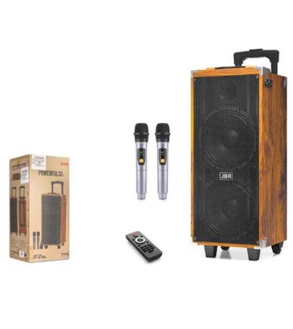 JBR JBR8808 Çift Karaoke Mikrofonlu Bluetooth Hoparlör FM Radyo 50W 2x8 İnç RGB Kumandalı Ahşap