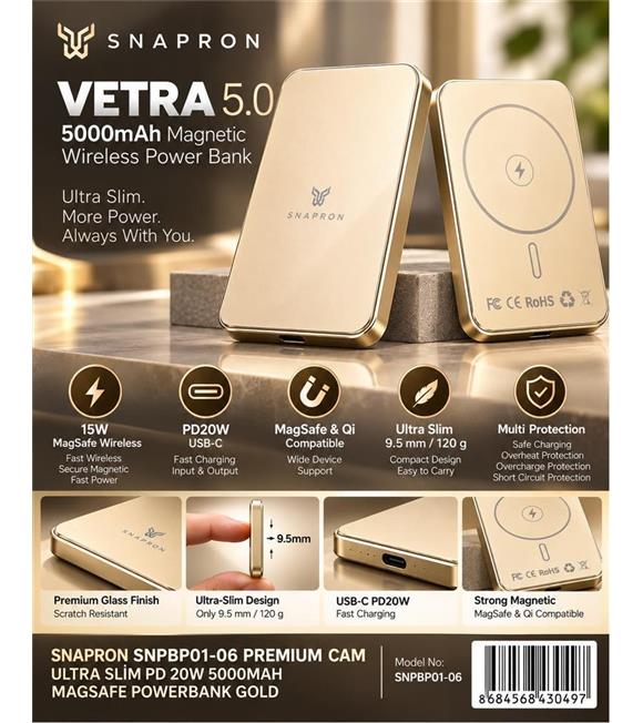 Snapron Snppb01-06 Gold 5000 mah Pd 20W USB- C MAGSAFE Ultra Silim ( Magnetic Wireless) Taşınabilir Şarj Cihazları