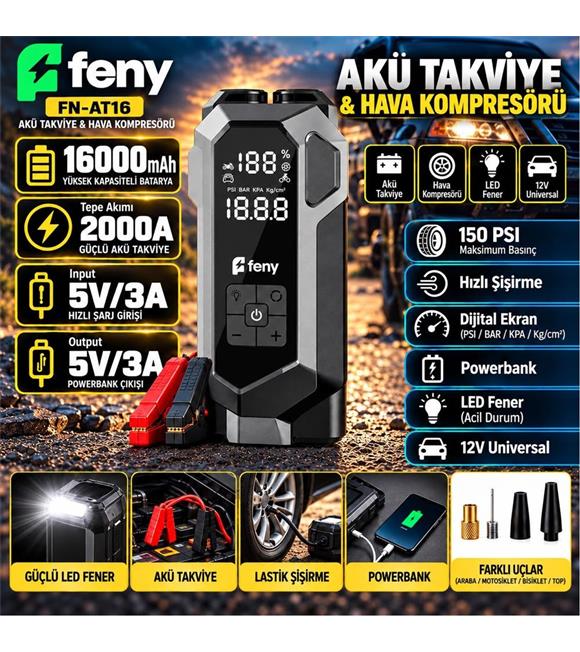Avapow Feny FN-AT16 16.000 Mah 5v-3a Akü Takviye Ve Hava Kompresörü (Lastik Şişirme- Powerbank) Çantalı Akü ve Akü Şarj Cihazları