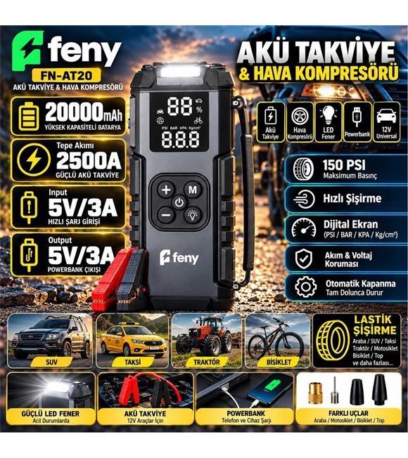 Feny FN-AT20 20.000 Mah 5v-3a Akü Takviye Ve Hava Kompresörü (Lastik Şişirme- Powerbank) Çantalı Akü ve Akü Şarj Cihazları