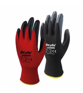 Beybi Nitril Poly PNzebra 9 Beden Kırmızı Siyah  Eldiven 12li Paket EN388 (3131X)