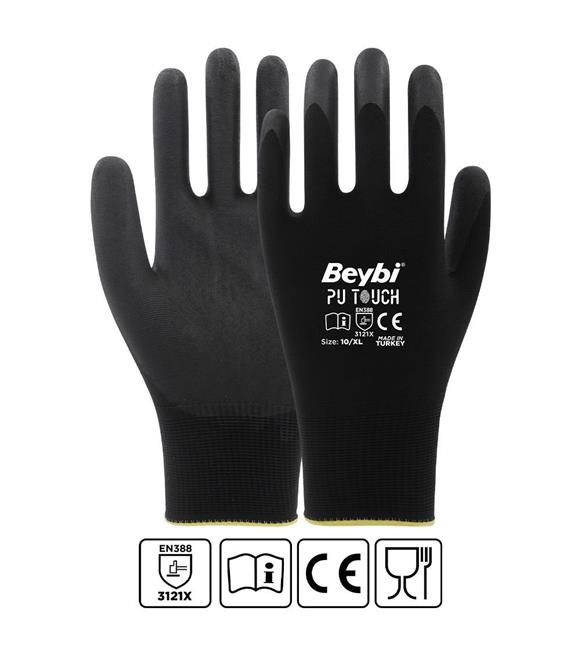 Beybi 7 Beden 12li Paket Poliüretan Kaplı Pu Touch Siyah Montaj Eldiven EN388 (3121X)
